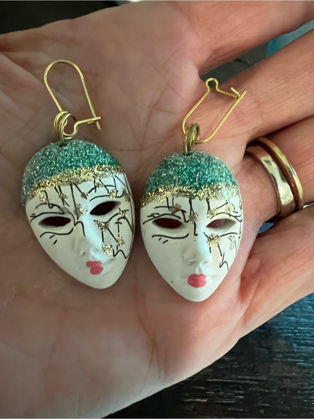 Hand-Painted Mask Face Earrings in Teal and Gold - Women Jewelry